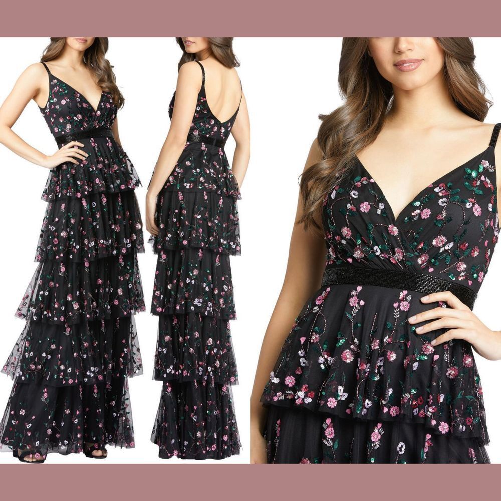 NWT $798 Mac Duggal [ 14 ] Floral V Neck Tiered Ruffle Evening Gown Black #G1875